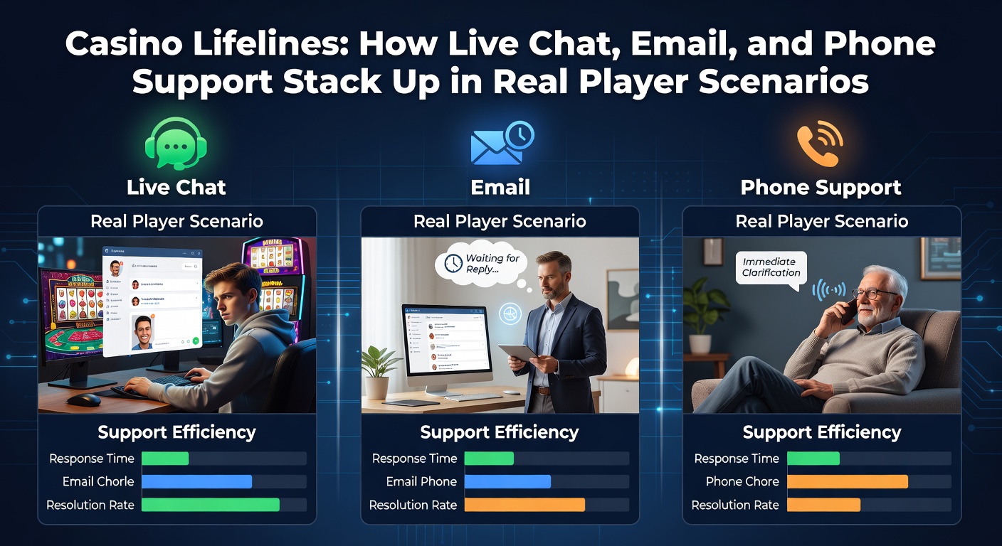 Vergleichsgrafik von Support-Kanälen mit Icons für Live-Chat, E-Mail und Telefon, die Wartezeiten und Zufriedenheitsraten in einem Online-Casino darstellt
