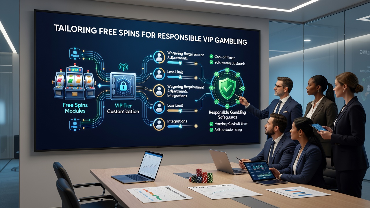 Illustration eines VIP-Dashboards mit Freispiel-Limits, Zeitkontrollen und verantwortungsvollen Spieloptionen in einem mobilen Slot-Interface