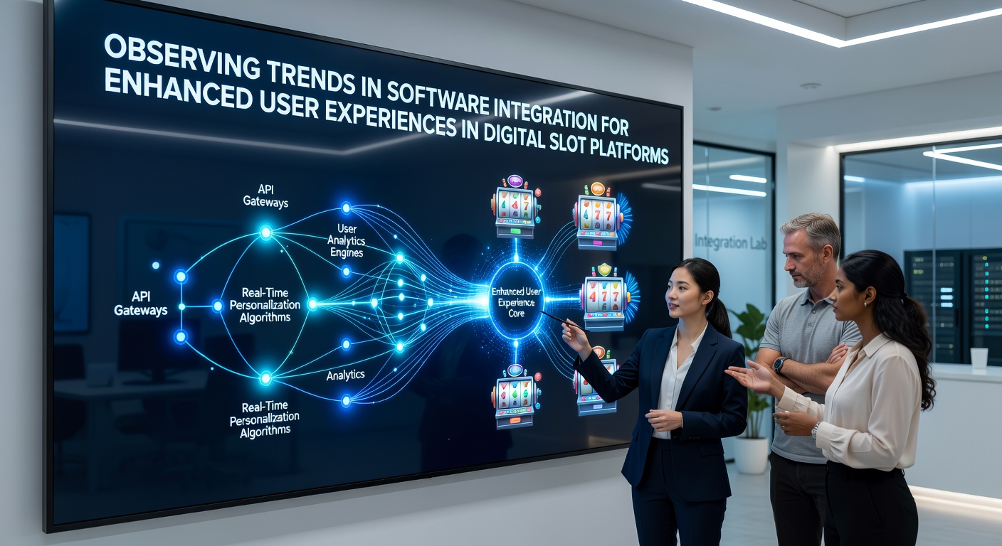 Software-Integrationstrends in digitalen Slot-Plattformen visualisiert mit Diagrammen und Benutzeroberflächen